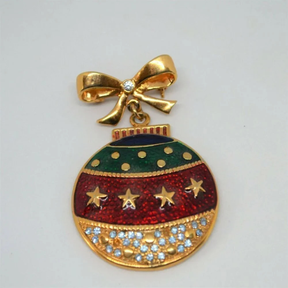 3/$30! Christmas Ornament Enamel Brooch Dangle Pin Xmas Gold Tone 2" Vtg Costume